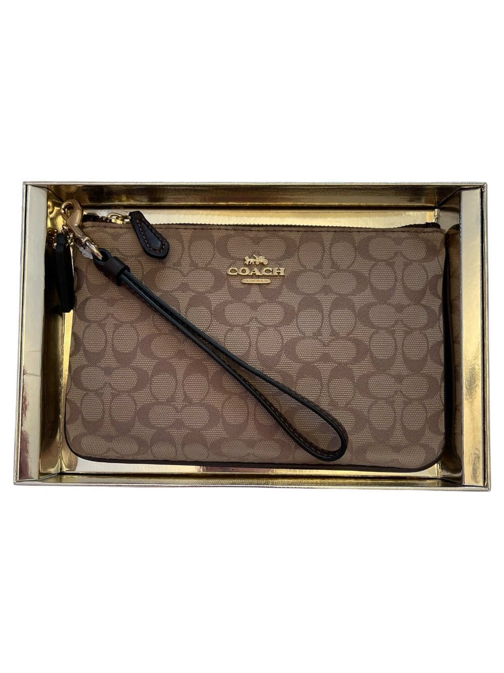 COACH Small Signature Canvas Wristlet in Brown & Gold